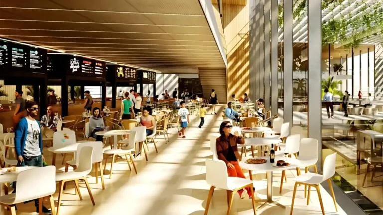A spacious and brightly lit cafe or food court area.
