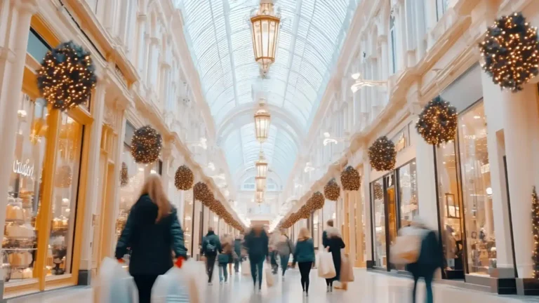 A long, elegant indoor hall or shopping arcade with a vaulted glass ceiling.